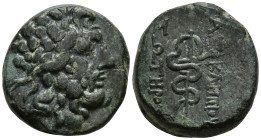 MYSIA. Pergamon. (Mid-late 2nd century BC).
AE Bronze (16.4mm 5.76g)
Obv: Laureate head of Asklepios right
Rev: ΑΣΚΛΗΠΙΟΣ / ΣΩΤΗΡΟΣ, serpent-entwin...