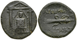 PAMPHYLIA. Perge. (circa 50-30 BC)
AE Bronze (17.8MM 4.19G)
Obv: Cult statue of Artemis Pergaia facing within distyle temple
Rev: ΑPΤΕΜΙΔΟΣ ΠΕΡΓΑΙΑ...