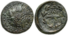 LYDIA. Philadelphia. (2nd-1st centuries BC)
AE Bronze (1.6mm 4.1g)
Obv: Macedonian shield.
Rev: ΦΙΛΑΔΕΛ / ΦΕΩΝ. Thunderbolt diving legend; monogram...