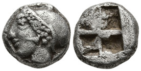 IONIA. Phokaia. (Circa 521-478 BC).
AR Diobol (9.1mm 1.3g)
Obv: Archaic female head left, wearing earring and helmet or close fitting cap.
Rev: Qua...