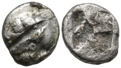 IONIA. Phokaia. (Circa 521-478 BC).
AR Diobol (9.7mm 1.08g)
Obv: Archaic female head left, wearing earring and helmet or close fitting cap.
Rev: Qu...
