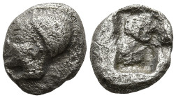 IONIA. Phokaia. (Circa 521-478 BC).
AR Diobol (8.8mm 0.81g)
Obv: Archaic female head left, wearing earring and helmet or close fitting cap.
Rev: Qu...