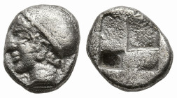 IONIA. Phokaia. (Circa 521-478 BC).
AR Diobol (9.8mm 1.12g)
Obv: Archaic female head left, wearing earring and helmet or close fitting cap.
Rev: Qu...