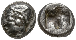 IONIA. Phokaia. (Circa 521-478 BC).
AR Diobol (8.6mm 0.9g)
Obv: Archaic female head left, wearing earring and helmet or close fitting cap.
Rev: Inc...