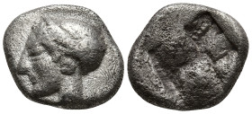 IONIA. Phokaia. (Circa 521-478 BC).
AR Diobol (9.7mm 1.25g)
Obv: Archaic female head left, wearing earring and helmet or close fitting cap.
Rev: Qu...