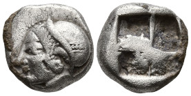IONIA. Phokaia. (Circa 521-478 BC).
AR Diobol (9.6mm 1.26g)
Obv: Archaic female head left, wearing earring and helmet or close fitting cap.
Rev: Qu...