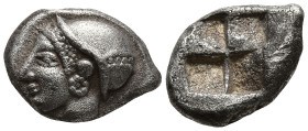 IONIA. Phokaia. (Circa 521-478 BC).
AR Diobol (9.3mm 1.35g)
Obv: Archaic female head left, wearing earring and helmet or close fitting cap.
Rev: Qu...