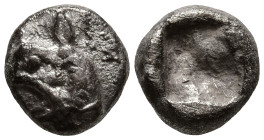 IONIA. Phokaia. (Circa 521-478 BC)
AR Obol (8.1mm 0.72g)
Obv: Head of griffin to left
Rev: Rough incuse square.
SNG Copenhagen -; SNG von Aulock 2...