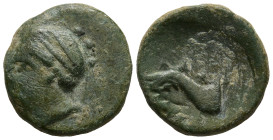 IONIA. Phokaia. (Circa 300 BC).
AE Bronze (11mm 1.01g)
Obv: Female head (Aphrodite?) left, with hair in sphendone.
Rev: Head of griffin left.
SNG ...
