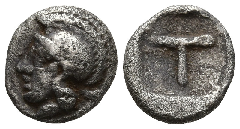 ARKADIA. Tegea. (Circa 423-400 BC).
AR Hemiobol (6.5mm 0.3g)
Obv: Helmeted hea...