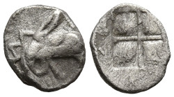IONIA. Teos. (Circa 460-420 BC)
AR Tetartemorion (7mm 0.21g)
Obv: Head of a griffin to right, with pointed ears, open jaws and a long neck with tria...