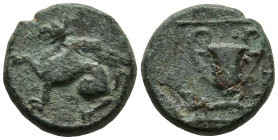 IONIA. Teos. Civic issue (Circa 210-190 BC).
AE Bronze (11.8mm 1.73g)
Obv: Griffin seated left, raising forepaw
Rev: Kantharos flanked by goblets, ...