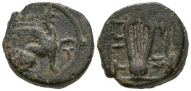 IONIA. Teos. (Circa 210-190 BC).
AE Bronze (11.5mm 1.76g)
Obv: Griffin seated to right, raising forepaw, T below forepaw
Rev: Lyre; THIΩN to right,...