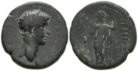 IONIA. Teos. Nero (54-68 AD)
AE Bronze (18.6mm 4.56g)
Obv: ΝΕΡΩΝ ΚΑΙϹΑΡ. Laureate head of Nero, right
Rev: ΤΗΙΩΝ. Dionysos standing, left, with can...