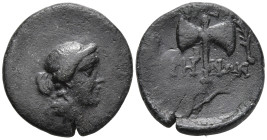 LYDIA. Thyateira. (2nd century BC)
AE Bronze (17.1mm 3g)
Obv: Laureate head of Apollo right
Rev: ΘΥΑΤΕΙΡΗΝΩΝ. Ethnic above and across handle of bip...