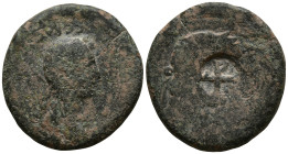 LYDIA. Thyateira. Nero, with Poppaea (54-68 AD)
AE Bronze (19mm 3.94g)
Obv: Laureate head of Nero to right, c/m: cross(?) in incuse
Rev: Draped bus...