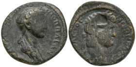 LYDIA. Thyateira. Nero, with Poppaea (54-68 AD)
AE Bronze (18.8mm 2.82g)
Obv: ΝЄΡΩΝ ΚΛΑΥΔΙΟC ΚΑΙCΑΡ CЄΒΑCΤΟC. Laureate head of Nero to right.
Rev: ...