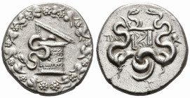 LYDIA. Tralleis. (Circa 166-67 BC)
AR Cistophoric Tetradrachm (25.2mm 11.68g)
Obv: Cista mystica with serpent within ivy wreath
Rev: Two serpents e...