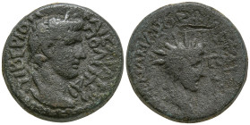 LYDIA. Tripolis. Tiberius (14-37 AD). Menandros Metrodoros Philokaisar, magistrate.
AE Bronze (20mm 7.57g)
Obv: ΤΙΒΕΡΙΟΝ ΚΑΙΣΑΡΑ ΤΡΙΠΟΛΕΙΤΑΙ. Laurea...