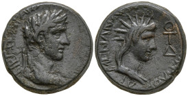 LYDIA. Tripolis. Tiberius (14-37 AD). Menandros Metrodoros Philokaisar, magistrate.
AE Bronze (18.8mm 6.06g)
Obv: ΤΙΒΕΡΙΟΝ ΚΑΙΣΑΡΑ ΤΡΙΠΟΛΕΙΤΑΙ. Laur...