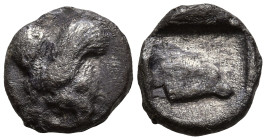 ASIA MINOR. Uncertain. (circa 550-400 BC)
AR Diobol (9.7mm 0.97g)
Obv: Forepart of winged lion right
Rev: Forepart of sheep right in incuse square....