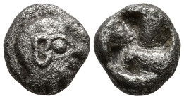 WESTERN ASIA MINOR, Uncertain. (5th century BC)
AR Obol (7.8mm 0.74g)
Obv: Archaic head of Apollo (?) with large ear to right.
Rev. Quadripartite i...