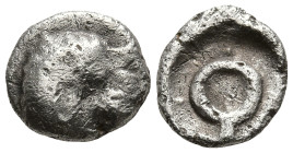 WESTERN ASIA MINOR, Uncertain. (5th century BC)
AR Hemiobol (7mm 0.4g)
Obv: Head of lion right
Rev: Tamgha or monogram within incuse circle.
SNG K...