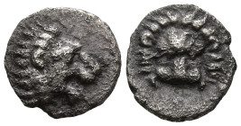 ASIA MINOR. Uncertain. (circa 400-300 BC).
AR Hemiobol (7.7mm 0.32g)
Obv: Head of lion to right
Rev: Facing head of lion.
SNG von Aulock -; SNG Ke...