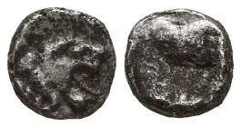 WESTERN ASIA MINOR. Uncertain. (5th century BC).
AR Tetartemorion (4.1mm 0.1g)
Obv: Head of roaring lion right.
Rev: Rough incuse square punch.
Nu...