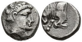 CARIA. Uncertain ('Mint E'). (Circa 380-340 BC)
AR Diobol (10.2mm 1.23g)
Obv: Bare head of bearded male right
Rev: Forepart of bull left; E ("Y" in...
