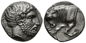 CARIA. Uncertain ('Mint E'). (Circa 380-340 BC)
AR Diobol (11.8mm 1.48g)
Obv: Bare head of bearded male right
Rev: Forepart of bull left; E ("Y" in...