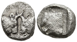 CARIA. Uncertain mint (Mint D). (Circa 5th century BC). Milesian standard
AR Obol (8.9mm 1.12g)
Obv: Confronted foreparts of two bulls
Rev: Head of...