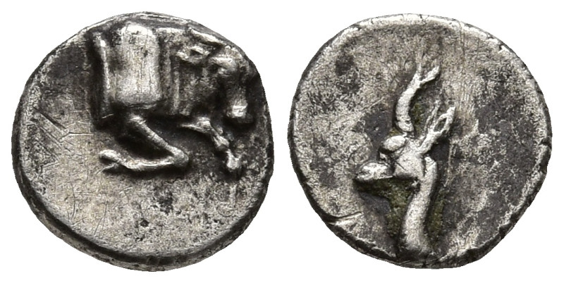 CARIA. Uncertain. (5th century BC)
AR Tetartemorion (6.2mm 0.2g)
Obv: Forepart...