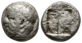 LESBOS. Uncertain. (4th century BC).
BI 1/12 Stater (9.6mm 1.12g)
Obv: Diademed head of Apollo left.
Rev: Quadripartite incuse square.
BMC 56; HGC...