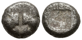 LESBOS. Uncertain mint. (Circa 500-450 BC).
BI 1/24 Stater (7.1mm 0.57g)
Obv: Confronted heads of two boars.
Rev. Quadripartite incuse square.
HGC...