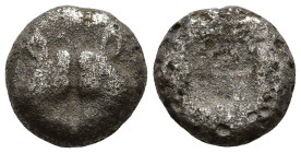 LESBOS. Uncertain mint. (Circa 500-450 BC).
BI 1/24 Stater (7.5mm 0.43g)
Obv: Confronted heads of two boars.
Rev. Quadripartite incuse square.
HGC...