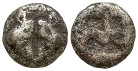 LESBOS. Uncertain mint. (Circa 500-450 BC).
BI 1/24 Stater (8.1mm 0.58g)
Obv: Confronted heads of two boars.
Rev. Quadripartite incuse square.
HGC...