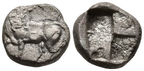 THRACO-MACEDONIAN TEGION. Uncertain mint. (Circa 5th century BC)
AR Diobol (9.6mm 1.09g)
Obv Horse/bull standing to left, head turned back
Rev: Qua...
