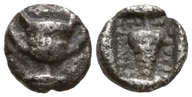 THRACO-MACEDONIAN REGION. Uncertain. (6th-5th centuries BC)
AR Hemiobol (6.4mm 0.22g)
Obv: Kantharos.
Rev: Grape-bunch within pelleted linear borde...