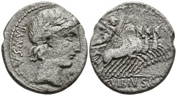Vibius. C. Vibius C.f. Pansa (90 BC). Auxiliary mint of Rome
AR Denarius (17.6mm 3.38g)
Obv: Large head of Apollo, in low relief, and the locks of h...