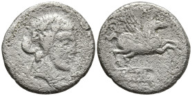 Roman Republican
Q. Titius (90 BC). Rome
AR Denarius (17.4mm 3.09g)
Obv: Head of Bacchus to right, wearing wreath of ivy.
Rev: Pegasus to right; b...