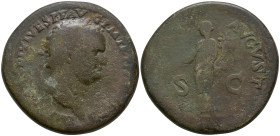 Titus (79-81 AD). Flavian Latin mint in Thrace
AE Sestertius (35.6mm 23.99g)
Obv: Laureate head of Titus, right.
Rev: PAX AVGVST / S C. Pax standin...