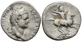 Domitian, Caesar (69-81 AD). Rome.
AR Denarius (17.7mm 3.22g)
Obv: CAESAR AVG F DOMITIANVS. Laureate head of Domitian, right.
Rev: COS V. Warrior r...