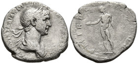 Trajan (98-117 AD). Rome
AR Denarius (17.8mm 3.03g)
Obv: Bust of Trajan, laureate, draped, right.
Rev: Genius, naked, standing left, holding patera...