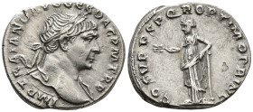 Trajan (98-117 AD). Rome.
AR Denarius (16.6mm 3.41g)
Obv: IMP TRAIANO AVG GER DAC P M TR P. Laureate bust of Trajan, right; slight drapery on far sh...