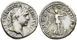 Trajan (98-117 AD). Rome
AR Denarius (19mm 3.34g)
Obv: IMP CAES NERVA TRAIAN AVG GERM. Laureate head right, slight drapery on far shoulder
Rev: P M...