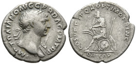 Trajan (98-117 AD). Rome.
AR Denarius (19.3mm 2.98g)
Obv: IMP TRAIANO AVG GER DAC P M TR P. Laureate bust of Trajan, right; slight drapery on far sh...