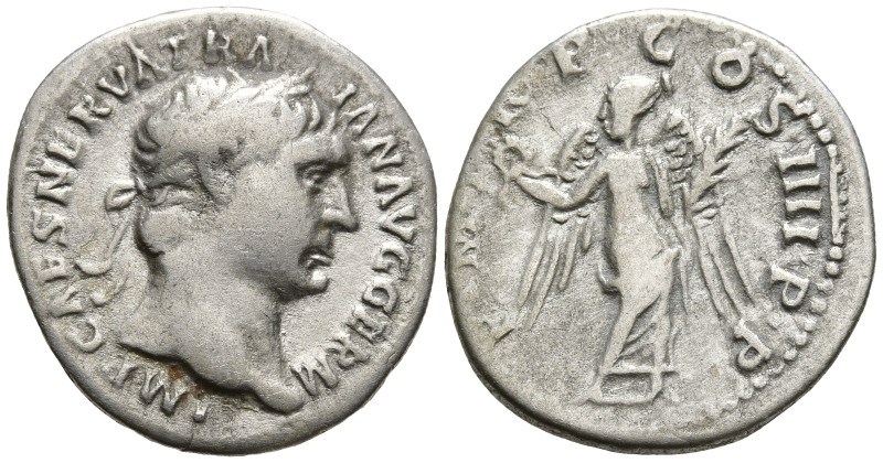 Trajan (98-117 AD). Rome
AR Denarius (18.4mm 3.13g)
Obv: IMP CAES NERVA TRAIAN...