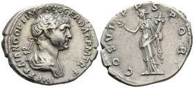 Trajan (98-117 AD). Rome
AR Denarius (19.6mm 3.35g)
Obv: IMP TRAIANO OPTIMO AVG GER DAC P M TR P. Laureate and draped bust to right
Rev: COS VI P P...