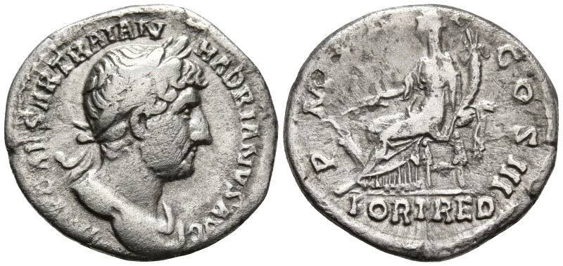 Trajan (117-138 AD). Rome
AR Denarius (17.5mm 2.99g)
Obv: IMP CAESAR TRAIAN HA...